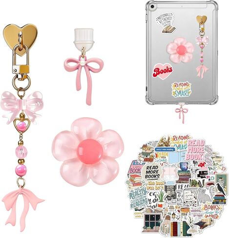 53 قطعة من قطع Kindle Charms، سدادة غبار من النوع C، قبضة عباد الشمس، سلسلة مفاتيح على شكل فيونكة مع خطاف، 50 ملصق كتاب، مجموعة ملحقات تزيين القارئ الإلكتروني للورق الأبيض، هدايا القراءة لمحبي الكتب النسائية (أصفر) in Kuwait