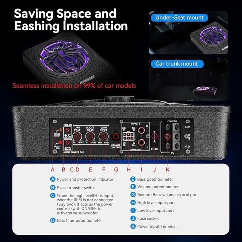 NEW 10" 1200W Subwoofer,BLUE Slim Underseat Car Subwoofer and Amp Package.Under Seat Subwoofers with Amp,Individual Control for Low Pass/Gain/Boost Bass.Deep Bass Perfect for Truck/SUV/Jeep/MPV in Saudi Arabia