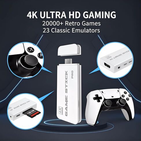 Retro Game Console 2026 New Edition، تتميز بسعة تخزين مدمجة تبلغ 128 جيجابايت، محملة مسبقًا بأكثر من 20000 لعبة كلاسيكية قديمة، ووحدتي تحكم لاسلكيتين، ومخرج تلفزيون 4K HDMI، ونظام ألعاب قديم محمول للتوصيل والتشغيل in Kuwait