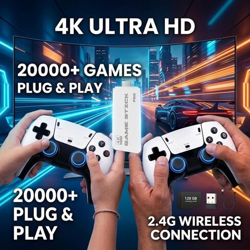 Retro Game Console 2026 New Edition، تتميز بسعة تخزين مدمجة تبلغ 128 جيجابايت، محملة مسبقًا بأكثر من 20000 لعبة كلاسيكية قديمة، ووحدتي تحكم لاسلكيتين، ومخرج تلفزيون 4K HDMI، ونظام ألعاب قديم محمول للتوصيل والتشغيل in Kuwait