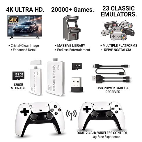 Retro Game Console 2026 New Edition، تتميز بسعة تخزين مدمجة تبلغ 128 جيجابايت، محملة مسبقًا بأكثر من 20000 لعبة كلاسيكية قديمة، ووحدتي تحكم لاسلكيتين، ومخرج تلفزيون 4K HDMI، ونظام ألعاب قديم محمول للتوصيل والتشغيل in Kuwait