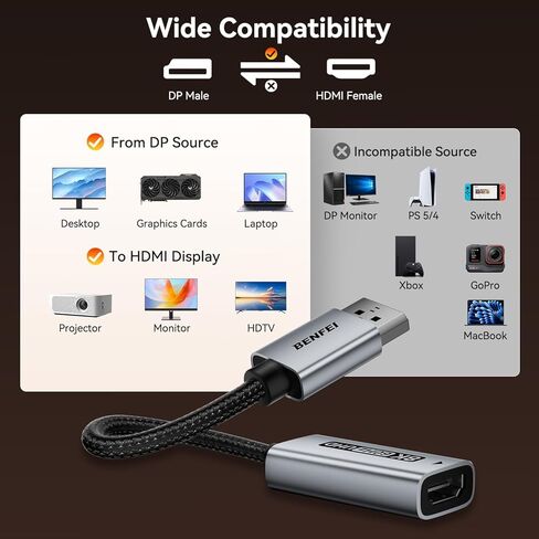 BENFEI DisplayPort 1.4 to HDMI 2.1 Adapter 8K@60Hz/4K@240Hz/1080P@480Hz, Unidirectional DP Computer to HDMI Monitor, High-Spec Aluminum Converter for Gaming Monitor, TV, AMD, NVIDIA in Saudi Arabia