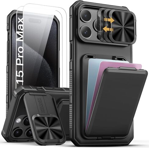 حافظة SSLOTSCASE لهاتف iPhone 15 Pro Max مع حامل بطاقة ومسند وغطاء عدسة كاميرا منزلق وحامل كاميرا ومحفظة، غطاء هاتف متين من الدرجة العسكرية لهاتف iPhone 15 Pro Max 5G 2023، أسود in Kuwait