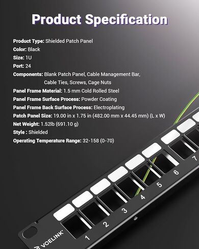 VCELINK 24 Port Shielded Keystone Patch Panel, 1U 19-Inch Rackmount Blank Panel, 1.5mm SPCC All Metal Network Distribution Frame with Grounding Wire for Cat6/Cat6A/HDMI/Fiber/Coax Keystone Jacks in Saudi Arabia