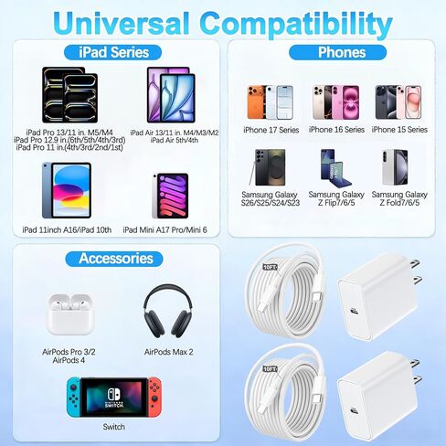 شاحن iPad 10FT شحن سريع، 2 حزمة شاحن USB C 40 وات وسلك كابل شحن USB C 10FT لأجهزة Apple iPad Pro 13/12.9/11 بوصة (2018-2026)، iPad 11، iPad Air M4/M3/M2/5th/4th، Mini 6/A17 Pro، iPhone 17 in Kuwait