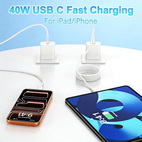 شاحن iPad 10FT شحن سريع، 2 حزمة شاحن USB C 40 وات وسلك كابل شحن USB C 10FT لأجهزة Apple iPad Pro 13/12.9/11 بوصة (2018-2026)، iPad 11، iPad Air M4/M3/M2/5th/4th، Mini 6/A17 Pro، iPhone 17 in Kuwait