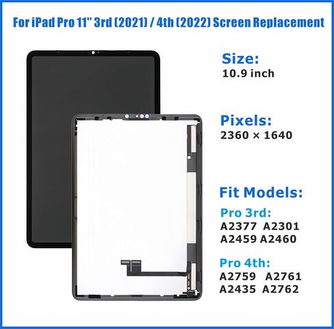 لجهاز iPad Pro 11 الجيل الثالث (2021) الجيل الرابع (2022) مجموعة استبدال الشاشة شاشة LCD تعمل باللمس محول رقمي ممتاز طقم إصلاح مع أدوات (11 بوصة، A2377 A2459 A2301 A2460/ A2435 A2759 A2761 A2762) in Kuwait