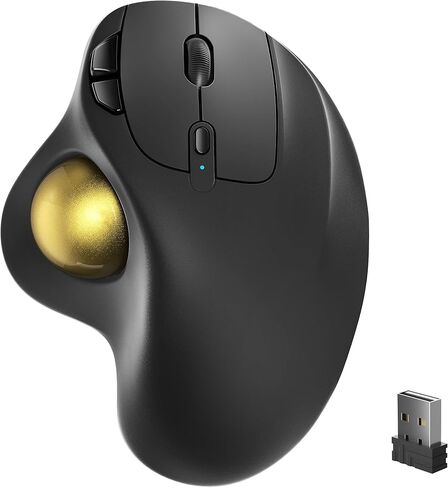 Nulea M501 ماوس كرة التتبع اللاسلكي، مريح قابل لإعادة الشحن، تحكم سهل بالإبهام، تتبع دقيق وسلس، اتصال 3 أجهزة (بلوتوث أو مستقبل USB)، متوافق مع أجهزة الكمبيوتر الشخصية والكمبيوتر المحمول وماك (G-Gold) in Kuwait