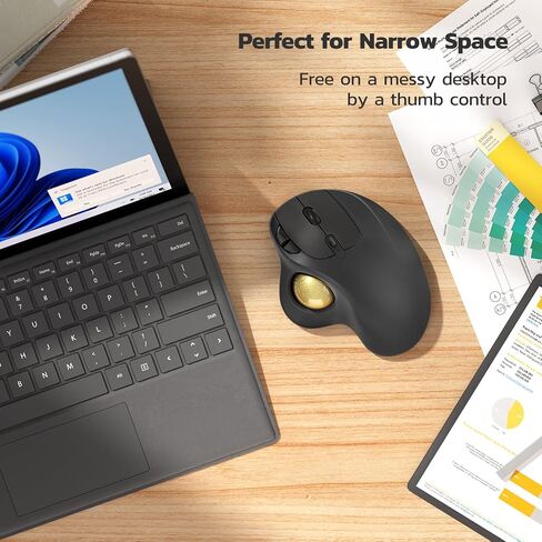 Nulea M501 ماوس كرة التتبع اللاسلكي، مريح قابل لإعادة الشحن، تحكم سهل بالإبهام، تتبع دقيق وسلس، اتصال 3 أجهزة (بلوتوث أو مستقبل USB)، متوافق مع أجهزة الكمبيوتر الشخصية والكمبيوتر المحمول وماك (G-Gold) in Kuwait