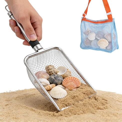 Beach Mesh Shovel & Sifter with Bag - Stainless Steel Sand Filter Scooper for Shark Tooth, Shell & Fossil Hunting, Beachcombing Tool with Mesh Collection Bag in Saudi Arabia