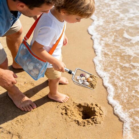 Beach Mesh Shovel & Sifter with Bag - Stainless Steel Sand Filter Scooper for Shark Tooth, Shell & Fossil Hunting, Beachcombing Tool with Mesh Collection Bag in Saudi Arabia