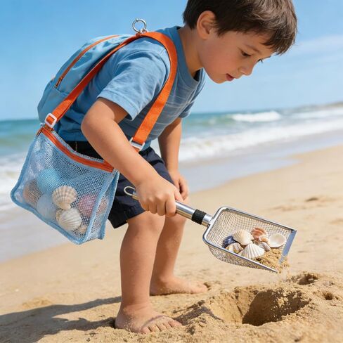 Beach Mesh Shovel & Sifter with Bag - Stainless Steel Sand Filter Scooper for Shark Tooth, Shell & Fossil Hunting, Beachcombing Tool with Mesh Collection Bag in Saudi Arabia