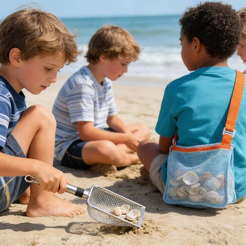 Beach Mesh Shovel & Sifter with Bag - Stainless Steel Sand Filter Scooper for Shark Tooth, Shell & Fossil Hunting, Beachcombing Tool with Mesh Collection Bag in Saudi Arabia