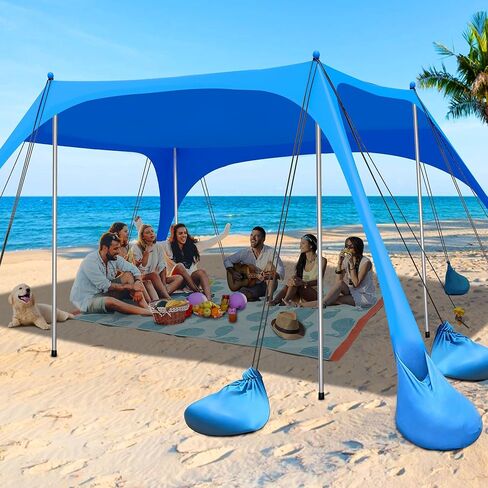 LanSuper Beach Tent Sun Shelter, 11x10FT Beach Tents Shade Canopy with 12 Sandbags, UPF 50+ Beach Shade Canopy, Outdoor Tent Sun Shelters, Large Shade Canopy for Sand, Camping, Fishing, Backyard in Saudi Arabia