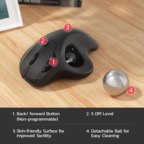 كرة التتبع Nulea Ergonomic القابلة لإعادة الشحن M501 - تعمل بالإبهام، دقيقة، 3 أجهزة (بلوتوث/USB)، متوافقة مع أجهزة الكمبيوتر الشخصية والكمبيوتر المحمول وماك وويندوز (فضي ساطع) in Kuwait