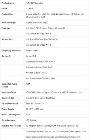 شريط صوت FUNLOGY للتلفزيون الذكي، 100 وات 2.1 قناة بلوتوث 5.0 مع HDMI ARC، بصري وAUX، جهاز تحكم عن بعد، لجهاز العرض والألعاب، أسود in Kuwait