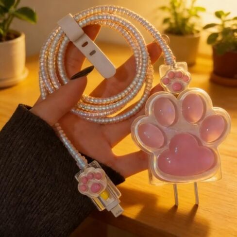 واقي كابل لمحول طاقة Apple 18W/20W، غطاء شاحن بتصميم نجمة وردية ثلاثية الأبعاد من Kawaii، واقي سلك الشحن، واقي شاحن iPad، موفر كابل لطيف لهاتف iPhone 15 16 17 Pro Max in Kuwait
