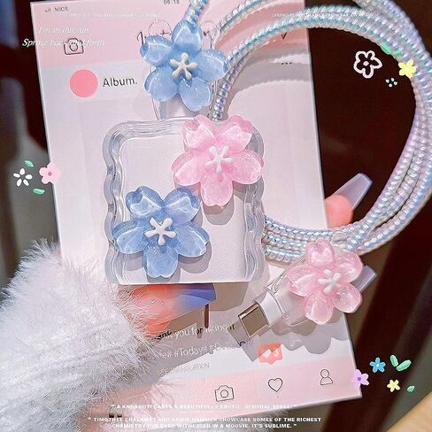 Cute Flower Cable Protector for iPhone iPad 18W/20W USB-C Charger Cover,Elegant 3D Cherry Floral Charging Cord Protector,DIY Charger Cord Protector for iPhone Charger 13 14 15 16 17 Plus Pro Max-Blue in Saudi Arabia