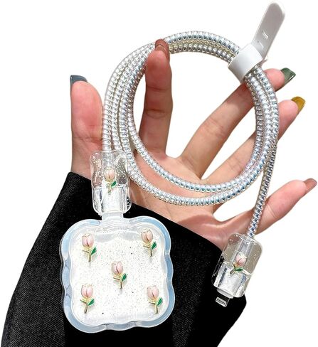 Charger Cover for Apple 40W Dynamic Power Adapter,Cute Flower Elegant Tulips Design,Clear Soft Charger Cable Protector Data Line Cable Wire Saver Protector for iPhone Chargeror iPhone 17 Pro Max in Saudi Arabia