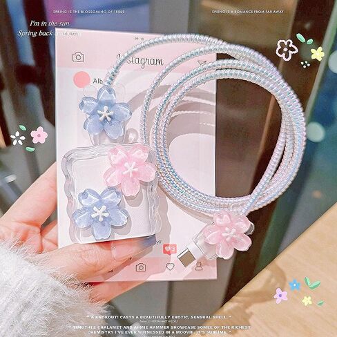 Cute Flower Cable Protector for iPhone iPad 18W/20W USB-C Charger Cover,Elegant 3D Cherry Floral Charging Cord Protector,DIY Charger Cord Protector for iPhone Charger 13 14 15 16 17 Plus Pro Max-Blue in Saudi Arabia