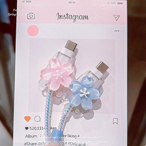 Cute Flower Cable Protector for iPhone iPad 18W/20W USB-C Charger Cover,Elegant 3D Cherry Floral Charging Cord Protector,DIY Charger Cord Protector for iPhone Charger 13 14 15 16 17 Plus Pro Max-Blue in Saudi Arabia