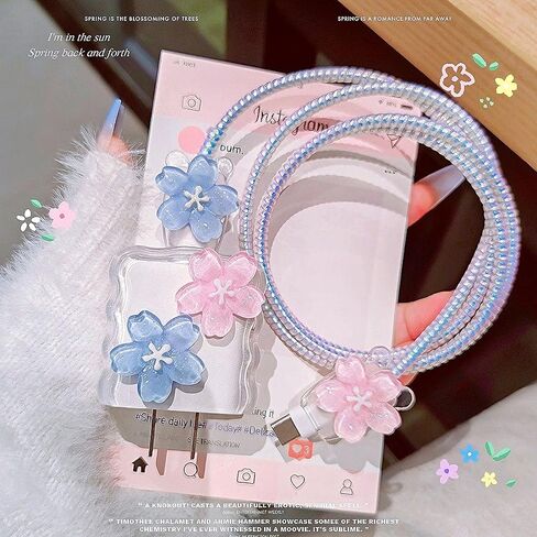 Cute Flower Cable Protector for iPhone iPad 18W/20W USB-C Charger Cover,Elegant 3D Cherry Floral Charging Cord Protector,DIY Charger Cord Protector for iPhone Charger 13 14 15 16 17 Plus Pro Max-Blue in Saudi Arabia