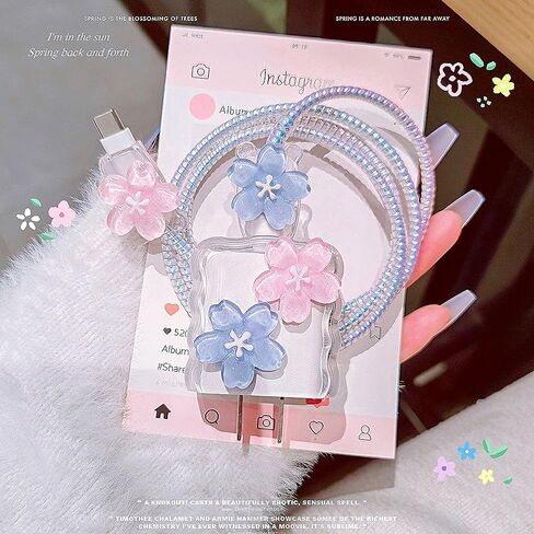 Cute Flower Cable Protector for iPhone iPad 18W/20W USB-C Charger Cover,Elegant 3D Cherry Floral Charging Cord Protector,DIY Charger Cord Protector for iPhone Charger 13 14 15 16 17 Plus Pro Max-Blue in Saudi Arabia