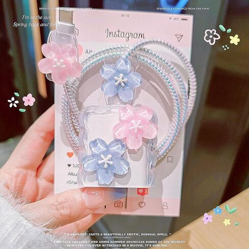 Cute Flower Cable Protector for iPhone iPad 18W/20W USB-C Charger Cover,Elegant 3D Cherry Floral Charging Cord Protector,DIY Charger Cord Protector for iPhone Charger 13 14 15 16 17 Plus Pro Max-Blue in Saudi Arabia