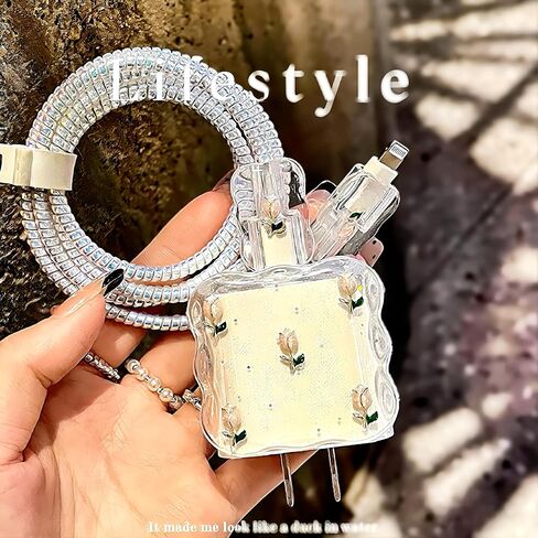 Charger Cover for iPhone 18W/20W Charging Cord Protector,Cute Flower Elegant Tulips Design,Clear DIY Soft Charger Cord Protector Cable Saver for iPhone 13 14 15 16 Pro Max Charger Adapter in Saudi Arabia
