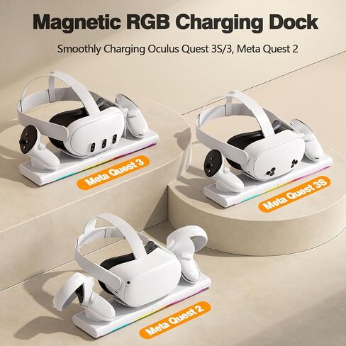 Charging Dock for Meta Quest 3S/3/2, PD 20W Fast Charging Station-Meta/Oculus Quest 3S/3/2 Accessories, Magnetic Charger Stand for VR Headset/Controller, RGB Light, Rechargeable Batteries&USB-C Cable in Kuwait