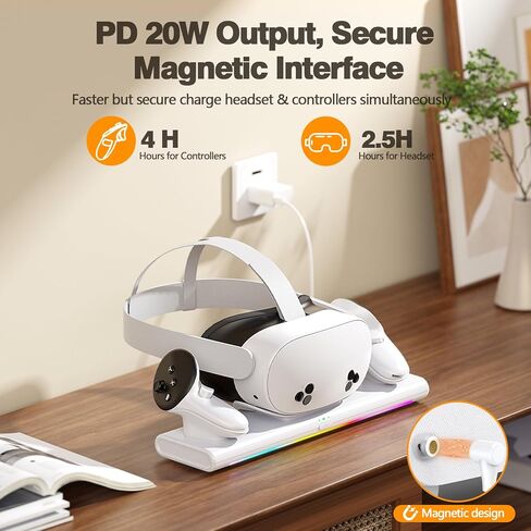 Charging Dock for Meta Quest 3S/3/2, PD 20W Fast Charging Station-Meta/Oculus Quest 3S/3/2 Accessories, Magnetic Charger Stand for VR Headset/Controller, RGB Light, Rechargeable Batteries&USB-C Cable in Kuwait