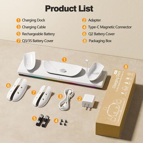 Charging Dock for Meta Quest 3S/3/2, PD 20W Fast Charging Station-Meta/Oculus Quest 3S/3/2 Accessories, Magnetic Charger Stand for VR Headset/Controller, RGB Light, Rechargeable Batteries&USB-C Cable in Kuwait