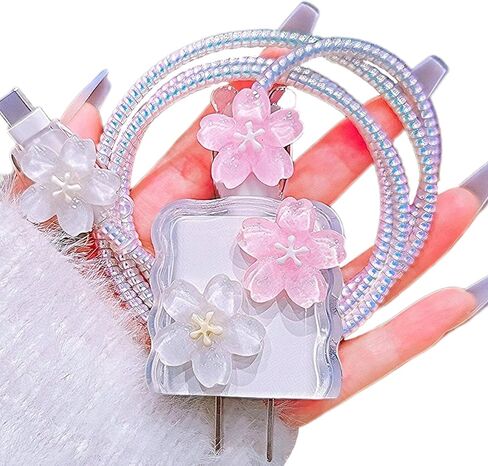 Cute Flower Cable Protector for iPhone iPad 18W/20W USB-C Charger Cover,Elegant 3D Cherry Floral Charging Cord Protector,DIY Charger Cord Protector for iPhone Charger 13 14 15 16 17 Plus Pro Max-Blue in Saudi Arabia