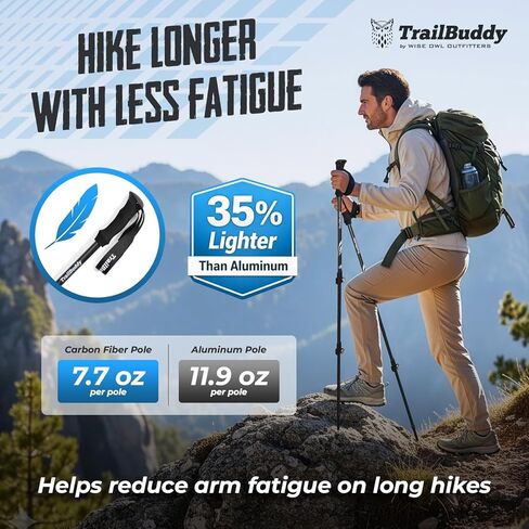 TrailBuddy 3K Carbon Fiber Hiking Poles - Collapsible Lightweight Trekking Poles for Hiking - Adjustable Walking Sticks for Women, Men, Seniors with All-Terrain Tips, Baskets & EVA Grips in Saudi Arabia