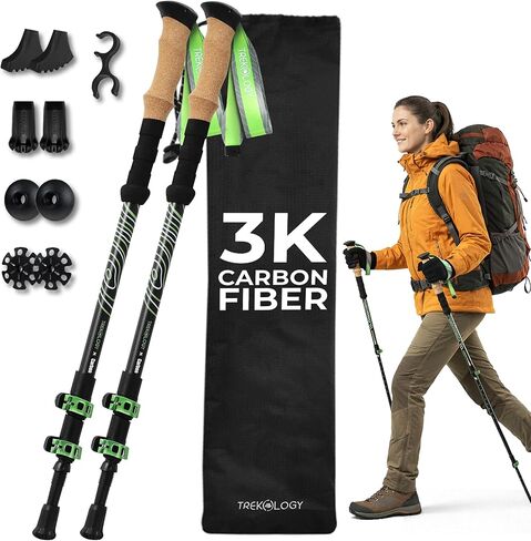 Trekology 3K Carbon Fiber Trekking Poles (210g) - Pair of Ultralight Hiking Poles with Cork Grips, Collapsible Telescopic Walking Sticks, Metal Flip-Locks & 10pc All-Terrain Accessory Kit in Saudi Arabia