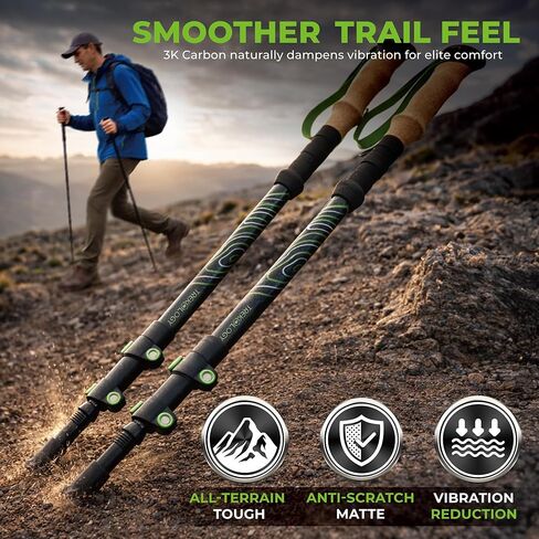 Trekology 3K Carbon Fiber Trekking Poles (210g) - Pair of Ultralight Hiking Poles with Cork Grips, Collapsible Telescopic Walking Sticks, Metal Flip-Locks & 10pc All-Terrain Accessory Kit in Saudi Arabia