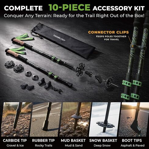 Trekology 3K Carbon Fiber Trekking Poles (210g) - Pair of Ultralight Hiking Poles with Cork Grips, Collapsible Telescopic Walking Sticks, Metal Flip-Locks & 10pc All-Terrain Accessory Kit in Saudi Arabia