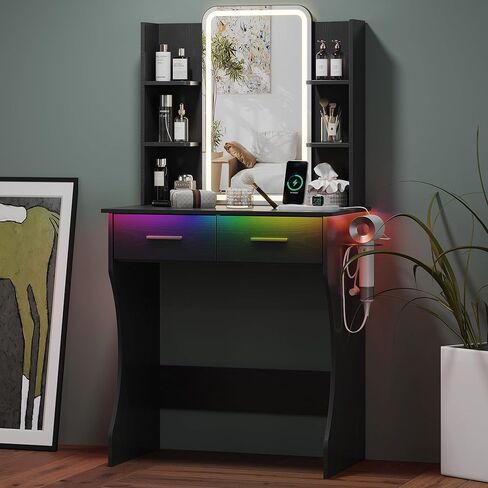 Small Vanity Desk with Mirror and Lights, Makeup Vanity with LED Lights, Grey Vanity Mirror with Lighted Desk and Chair, 3 Lighting Adjustable Compact Dressing Table with Mirror for Women, Girls in Saudi Arabia