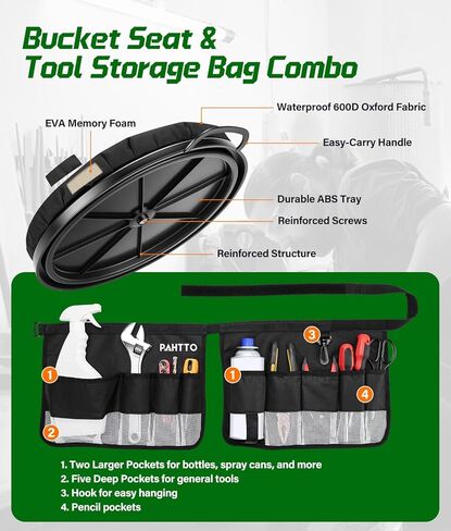 5 Gallon Bucket Seat with Tool Organizer Bag, Bucket Seat Lid & Tool Storage Caddy, Silent 360° Swivel Bucket Chair, Waterproof Comfortable Cushion for Camping, Fishing, Gardening, Yard Work, Hunting in Saudi Arabia