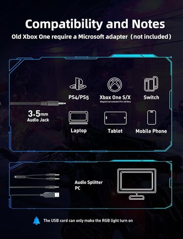 Gaming Headset with Microphone, Gaming Headphones Compatible for PS4 PS5 Xbox PC with RGB Lights, PlayStation Headset with Noise Reduction 7.1 Surround Sound Over-Ear and Wired 3.5mm Jack (Black) in Saudi Arabia