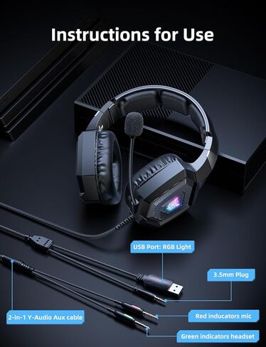 Gaming Headset with Microphone, Gaming Headphones Compatible for PS4 PS5 Xbox PC with RGB Lights, PlayStation Headset with Noise Reduction 7.1 Surround Sound Over-Ear and Wired 3.5mm Jack (Black) in Saudi Arabia