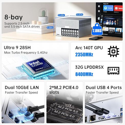8-Bay Desktop NAS Computer, 16 Cores AI Ultra 9 285H, 32G LPDDR5X 8400MT/s, 8T SSD, Win-11 pro, 2 x 10Gbps LAN, 2 x M.2 PCIE4.0 Slots, Four Display, 8k/4k@60Hz, Support Dual System Network in Saudi Arabia