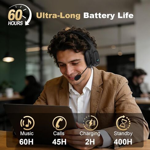Bluetooth Headset for Truck Drivers, Single Ear Wireless Headphone with Noise Cancelling Mic, Mute Button, Hands-Free Calling, 60H Battery Life for Call Center, Office & Mobile Phone in Saudi Arabia