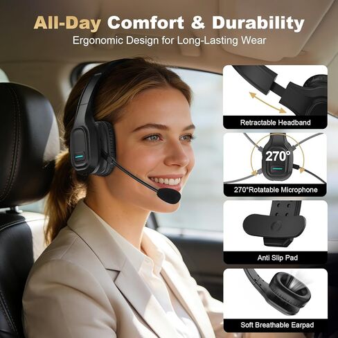 Bluetooth Headset for Truck Drivers, Single Ear Wireless Headphone with Noise Cancelling Mic, Mute Button, Hands-Free Calling, 60H Battery Life for Call Center, Office & Mobile Phone in Saudi Arabia