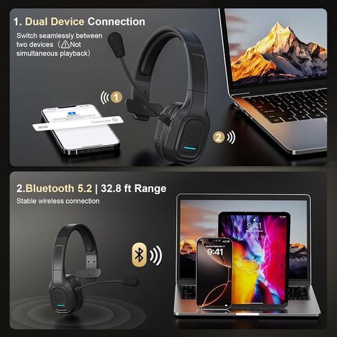 Bluetooth Headset for Truck Drivers, Single Ear Wireless Headphone with Noise Cancelling Mic, Mute Button, Hands-Free Calling, 60H Battery Life for Call Center, Office & Mobile Phone in Saudi Arabia