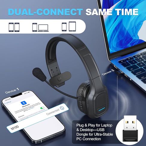 سماعة رأس بلوتوث مع دونجل: سماعة رأس لاسلكية بتقنية AI لإلغاء الضوضاء مع دونجل USB وزر كتم الصوت ووقت العمل لمدة 60 ساعة، سماعات رأس لسائقي الشاحنات والمكتب ومركز الاتصال والهاتف/الكمبيوتر الشخصي in Kuwait