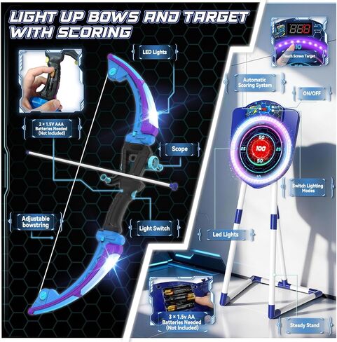 VATOS 2 Pack LED Bow and Arrow for Kids with Auto Scoring, Light Up Archery Set with 10 Suction Cup Arrows, 2 Quivers, LED Archery Target, Indoor Outdoor Backyard Toy Gift for for Boys Girls Ages 5-12 in Saudi Arabia