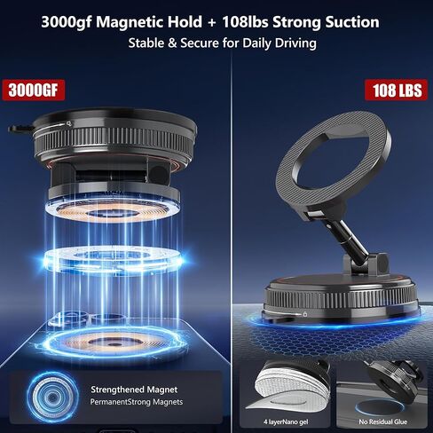 Car Phone Holder Mount, 108LBS Vacuum Suction for MagSafe Car Mount, 3000gf Magnetic 360° Adjustable Carbon Fiber Phone Holders for Your Car for iPhone 17 Pro Ma/17/16/15/14/13/12, Desk & Gym in Saudi Arabia