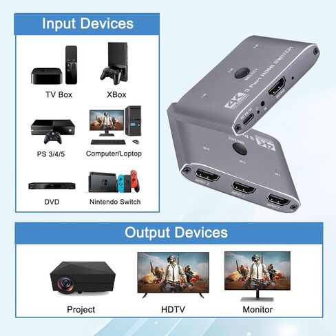 محول HDMI 4K@60 هرتز، 3 منافذ HDMI Switch 3 في 1 مع جهاز تحكم عن بعد بالأشعة تحت الحمراء، يدعم 4K، 3D، 1080P، HDMI 2.0، HDCP 2.2، Ultra HD للتلفزيون عالي الدقة، PS4/5، وحدات التحكم بالألعاب وما إلى ذلك in Kuwait