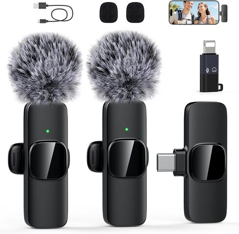 PoP voice 2PCs ميكروفون لاسلكي Lavalier لأجهزة iPhone / iPad ميكروفونات مزدوجة لاسلكية بمشبك على شكل طية صدر السترة ميكروفون Lav لتسجيل فيديو iPhone مكثف Omni قابل لإعادة الشحن للحد من الضوضاء مقابلة مدونة فيديو YouTube 66ft in Kuwait